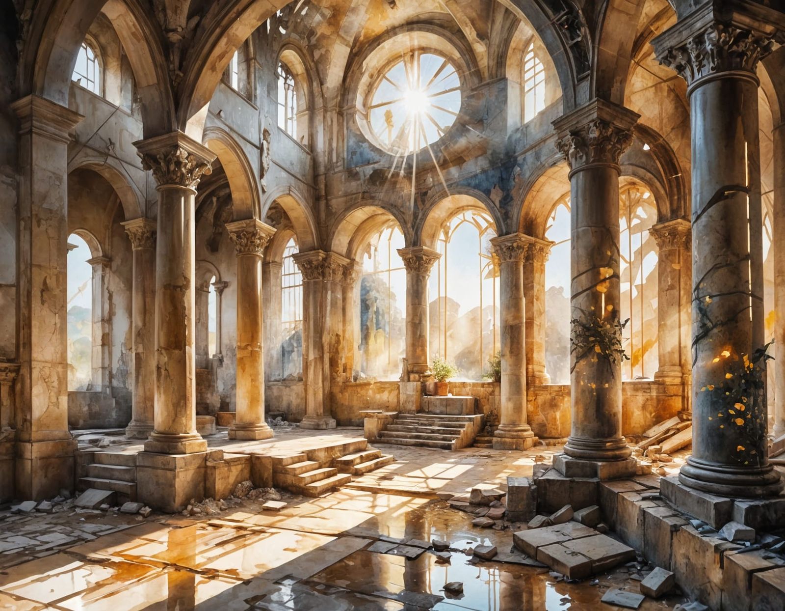 Ethereal Byzantine Ruins Illuminated by Golden Light