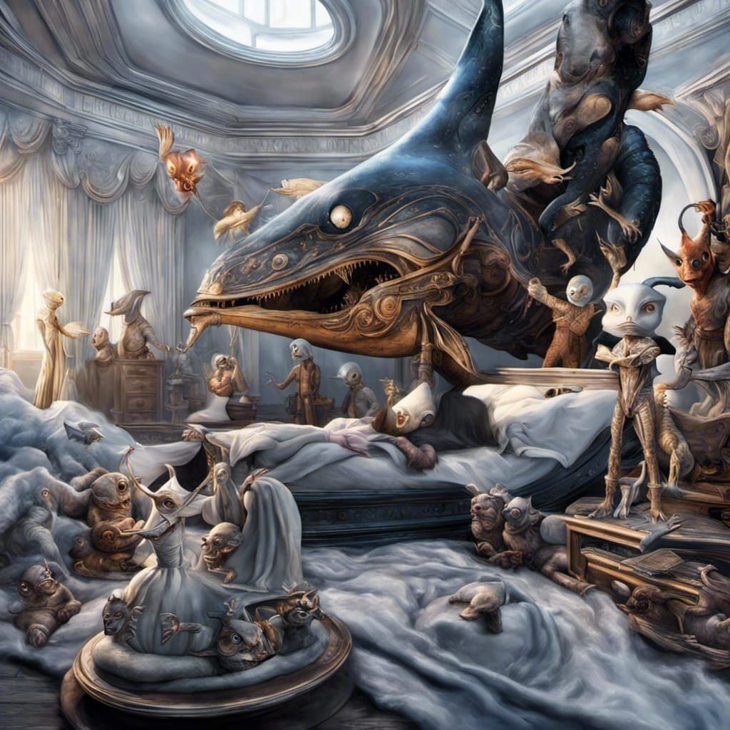 Surreal Cartoon Characters Bedtime, Maximalist Oil Painting