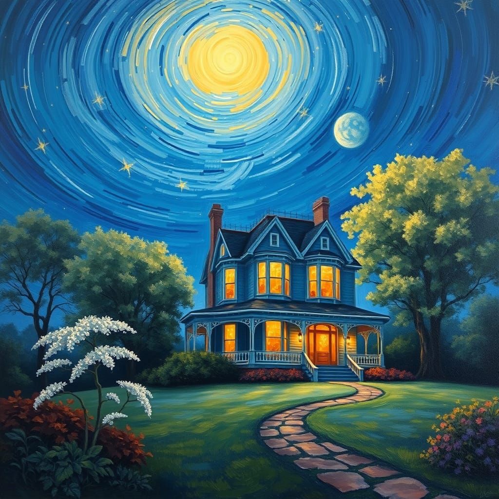 Majestic Victorian House in a Serene Evening Landscape