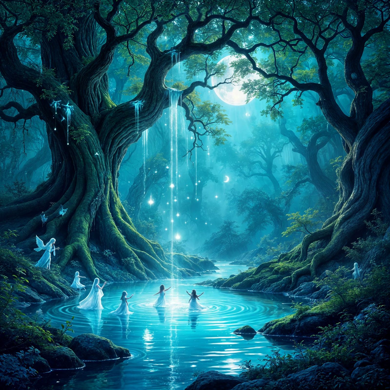 Enchanted Forest Clearing Bathed in Moonlight