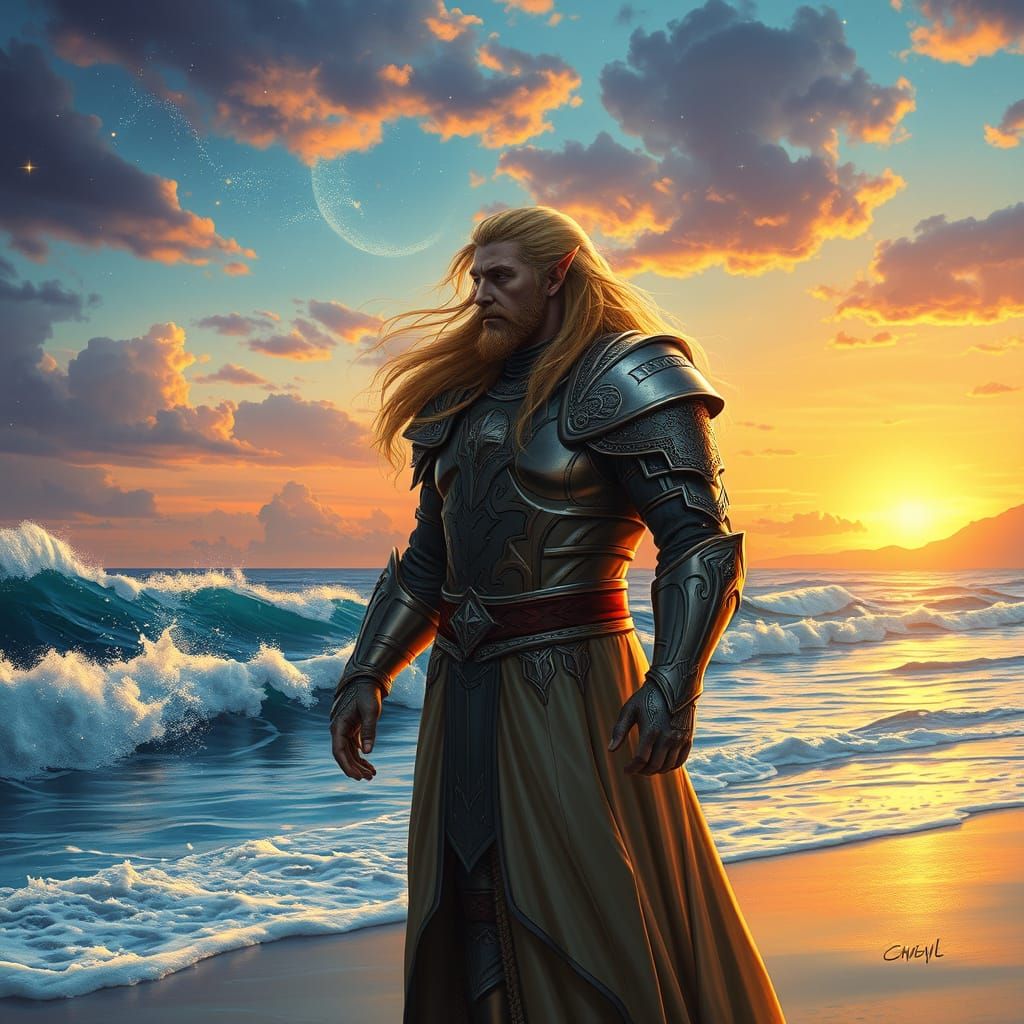 Elven King Gil-galad Contemplates Cosmic Ocean at Sunset