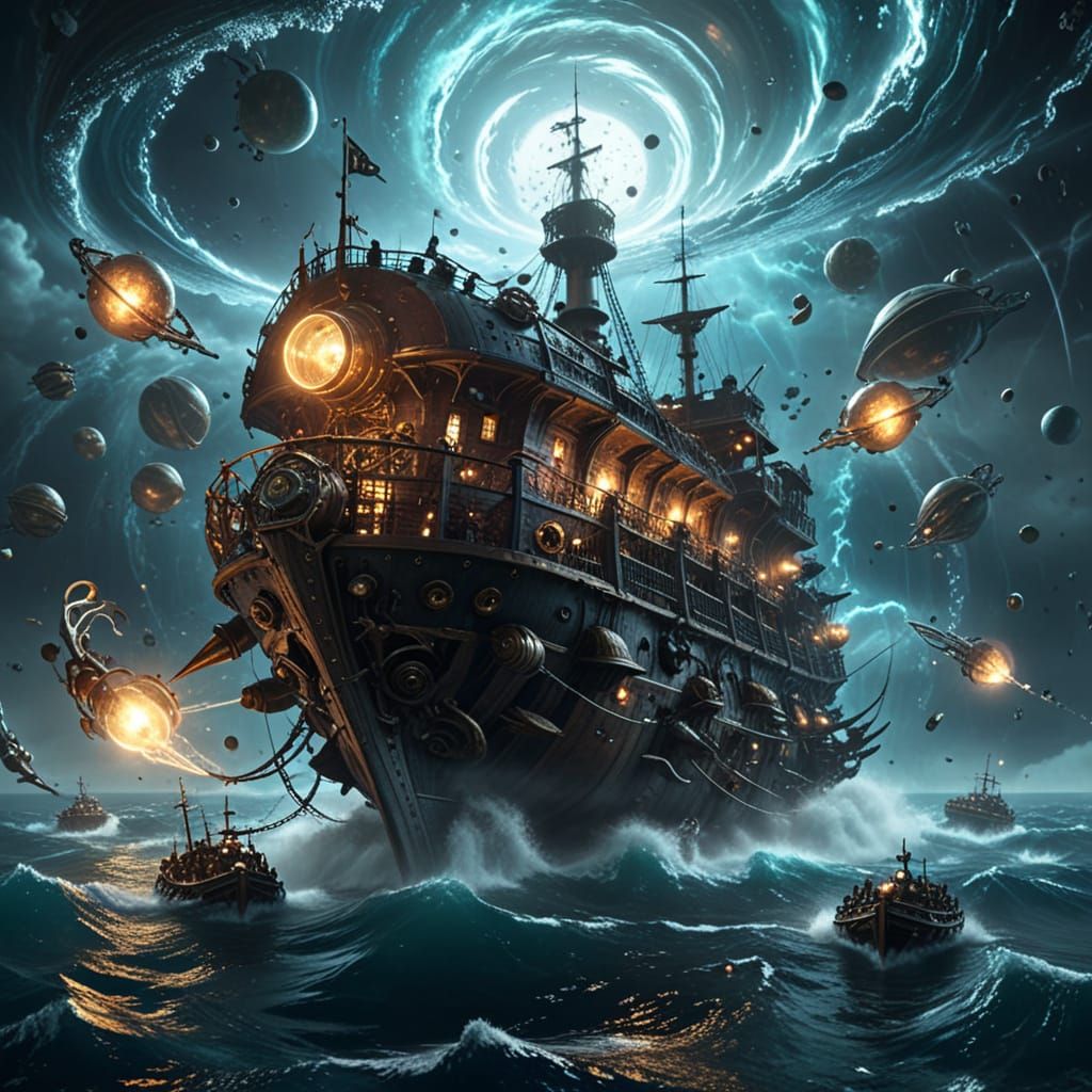 Epic Steampunk Vessel Amidst Cosmic Storm