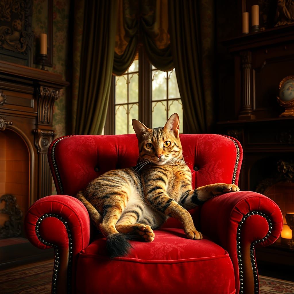 Ocicat in Opulent Victorian Room: Pre-Raphaelite Style