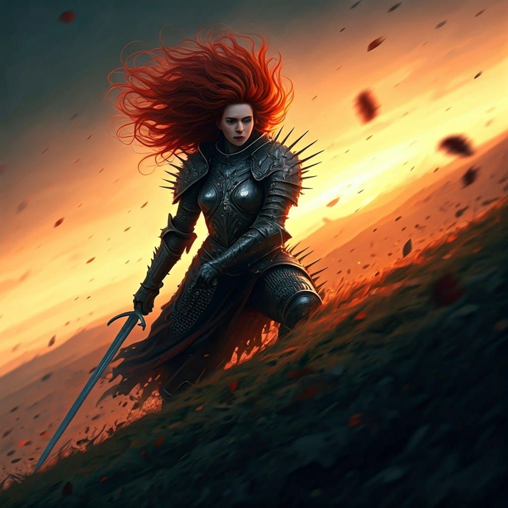 Red-Haired Witch Knight in Windswept Scene