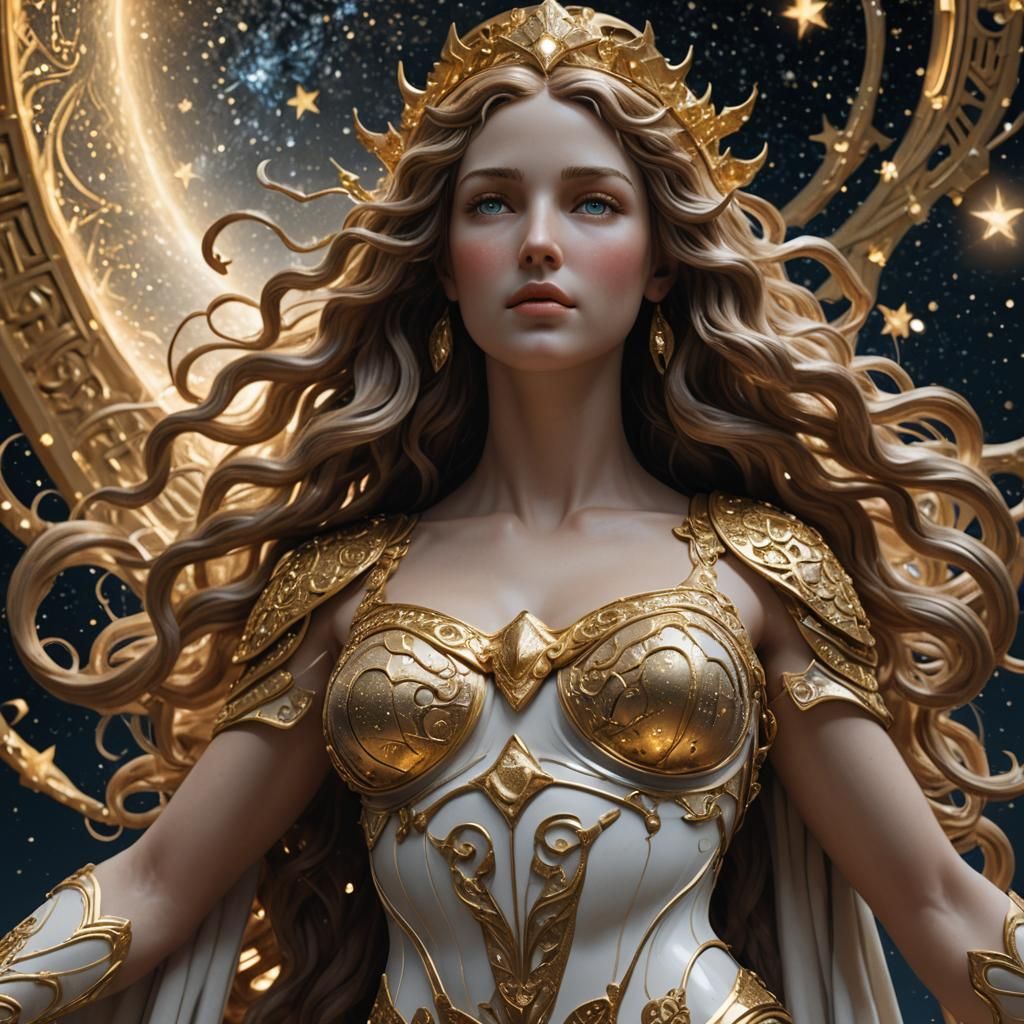Aphrodite in Golden Armor: Digital Sculpture in Fantasy Styl...