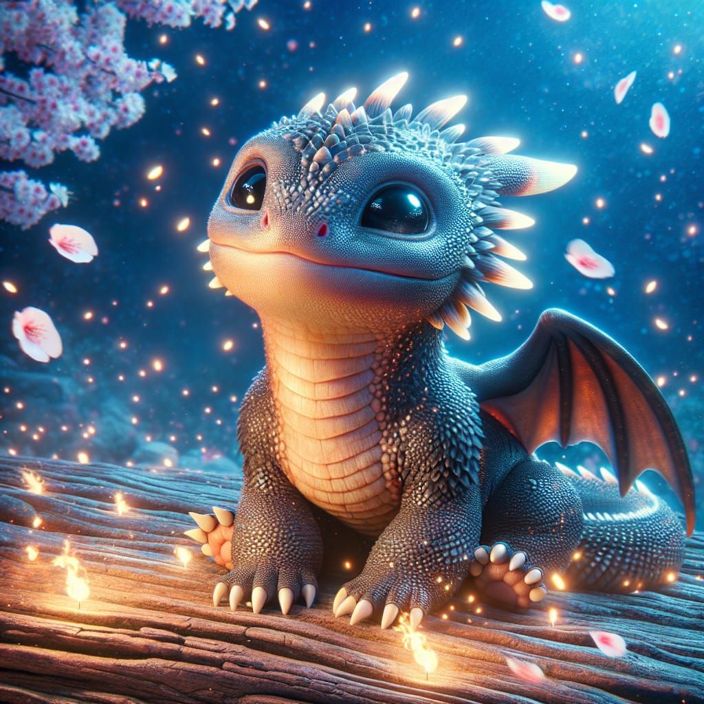 Happy Baby Fire Dragon in Sakura Petal Forest