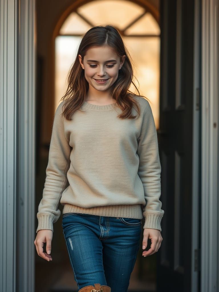 Young Woman Enters Room With Confident Smile, Cinematic Clos...