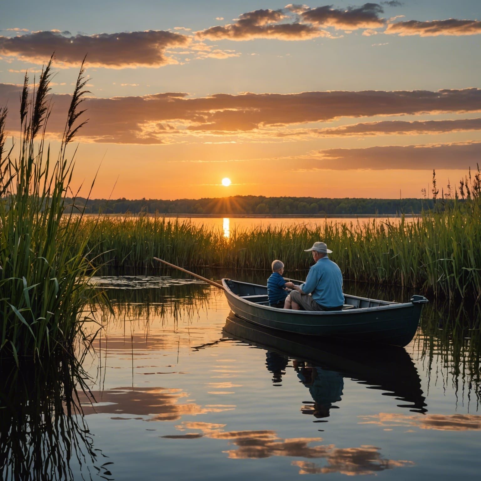 Grandfather and Grandson Fishing at Sunset