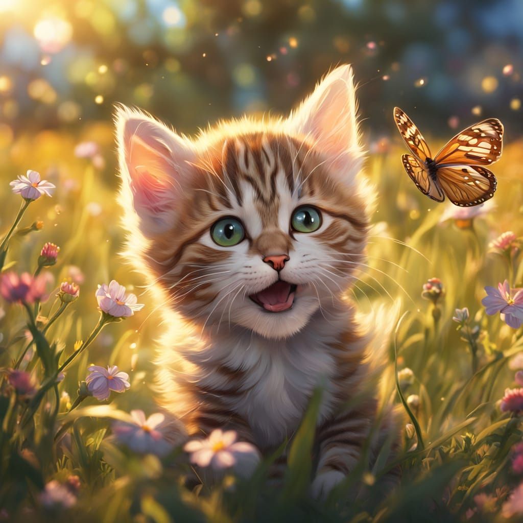 Adorable Kitten Plays with Butterfly in Golden Hour Meadow
