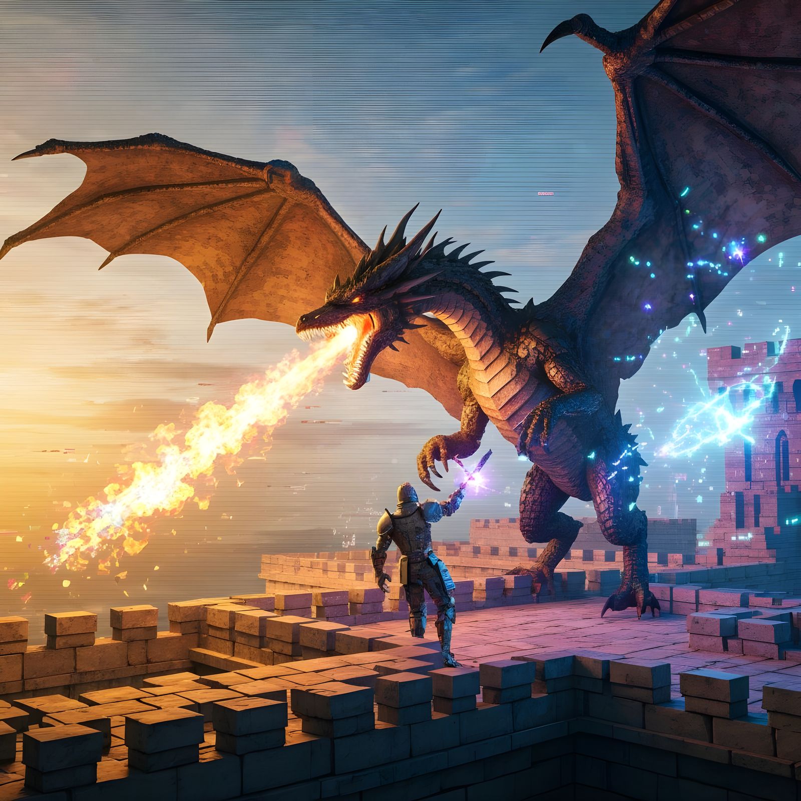 Epic Dragon Knight Battle with Digital Glitch Effects