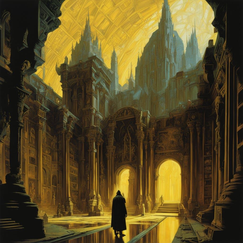 Ethereal Tomes in a Gothic-Futuristic Library of Ancient Mys...