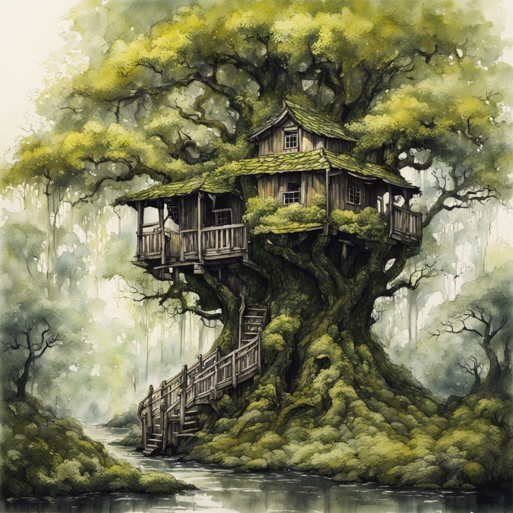 Whimsical Oak Treehouse in Vibrant Forest Hues