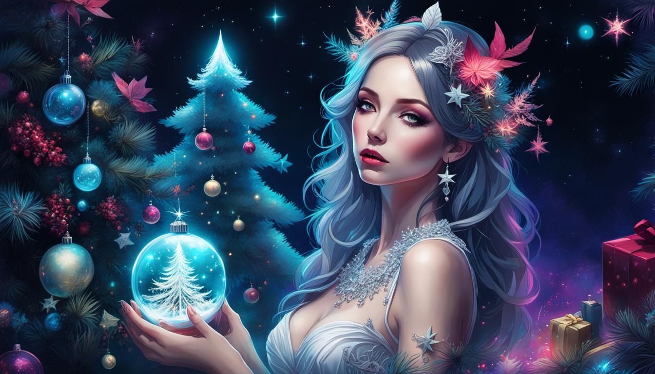 Ephemeral Woman in Dreamy Christmas Scene