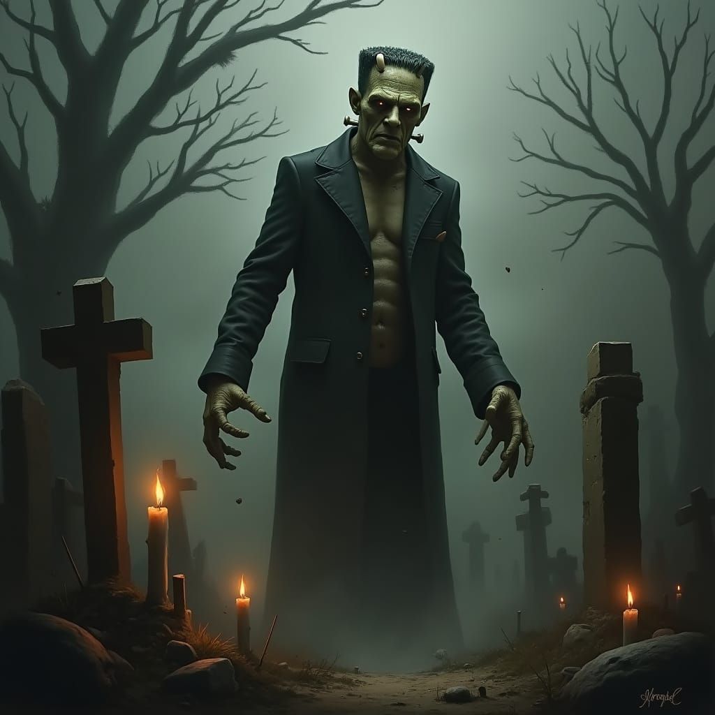 Gothic Frankenstein's Monster in Graveyard, Haunting Hallowe...