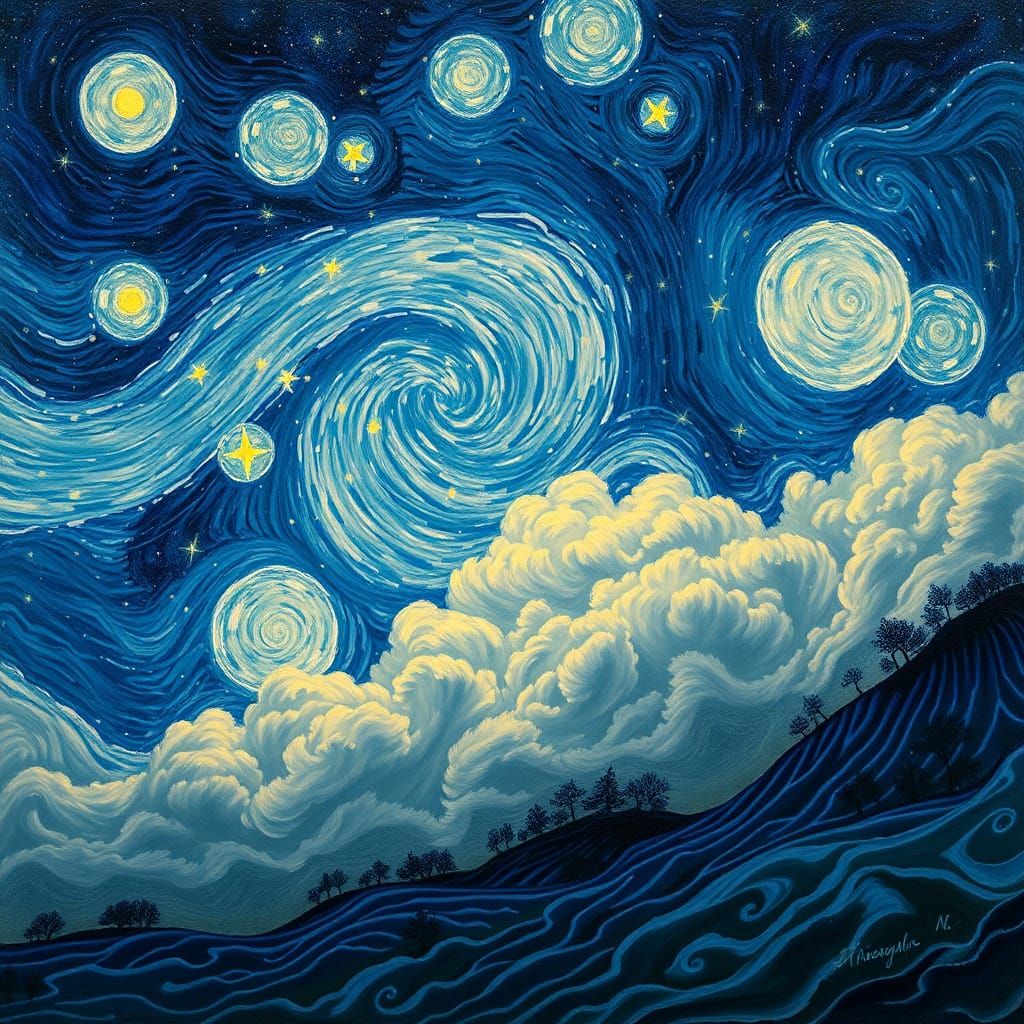 Starry Night Clouds with Dynamic Lighting, in Van Gogh Style
