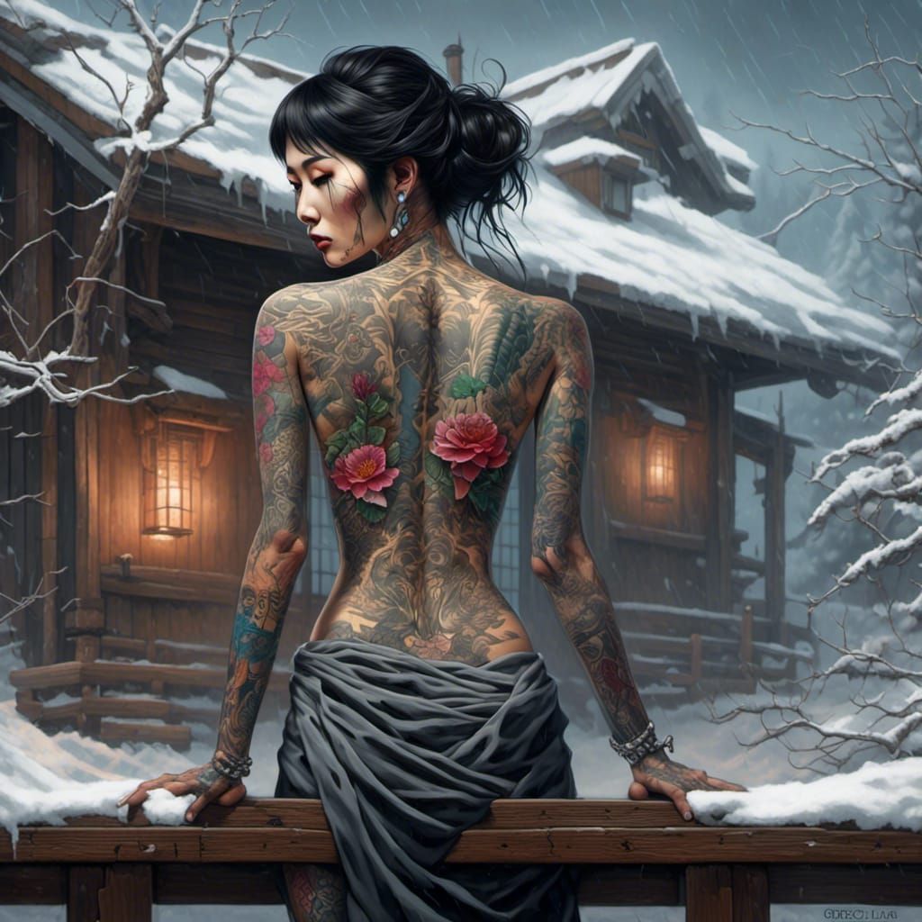 Tattooed Yakuza Guarding Cabin in Winter