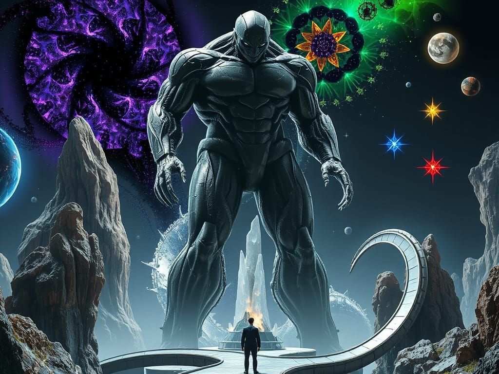 Colossal Geometric Humanoid in Alien Landscape