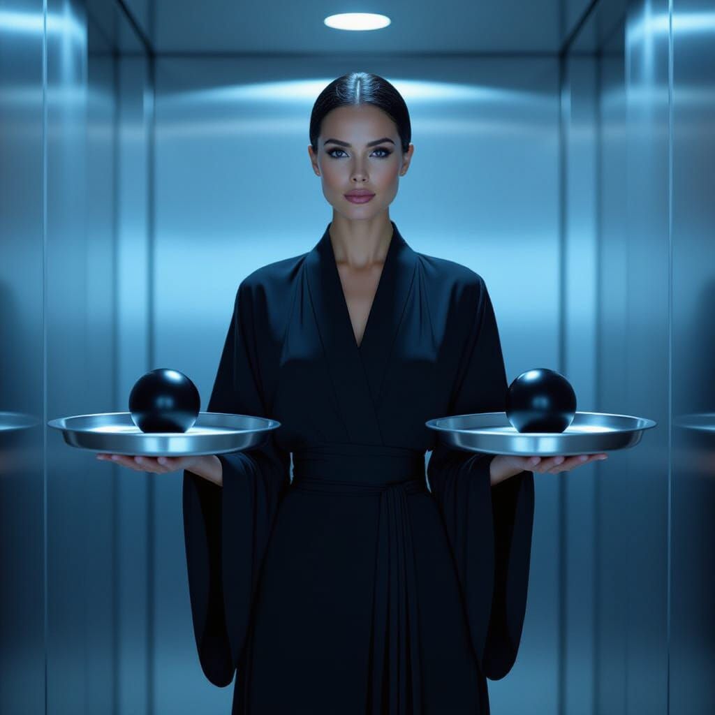 Elegant Woman Holds Black Balls in Modern Silver Elevator