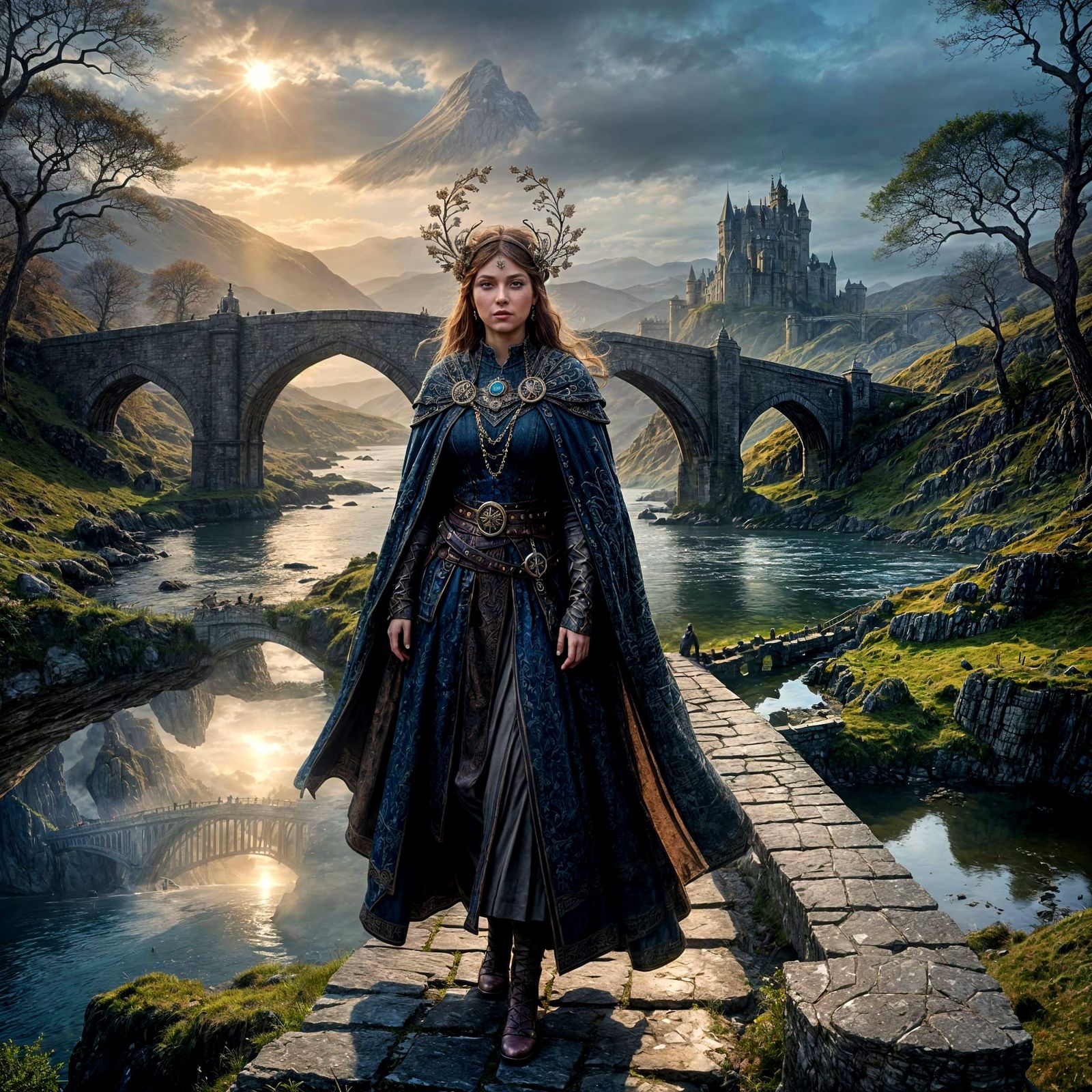 Elegant Woman Crossing Bridge in Medieval Scotland