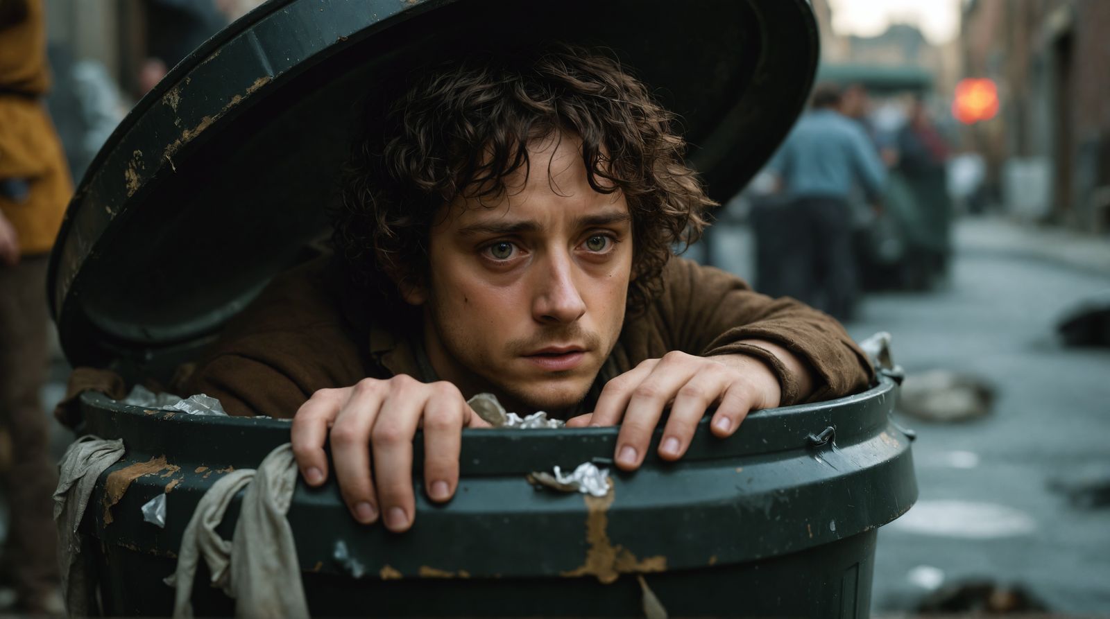 Frodo Baggins in a Trash Bin, Realistic Portrait