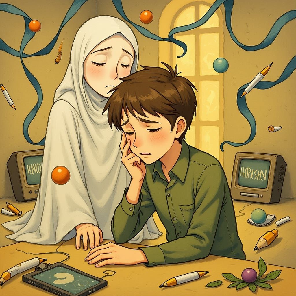 Surreal Scene of a Crying Man with Ghost Companion