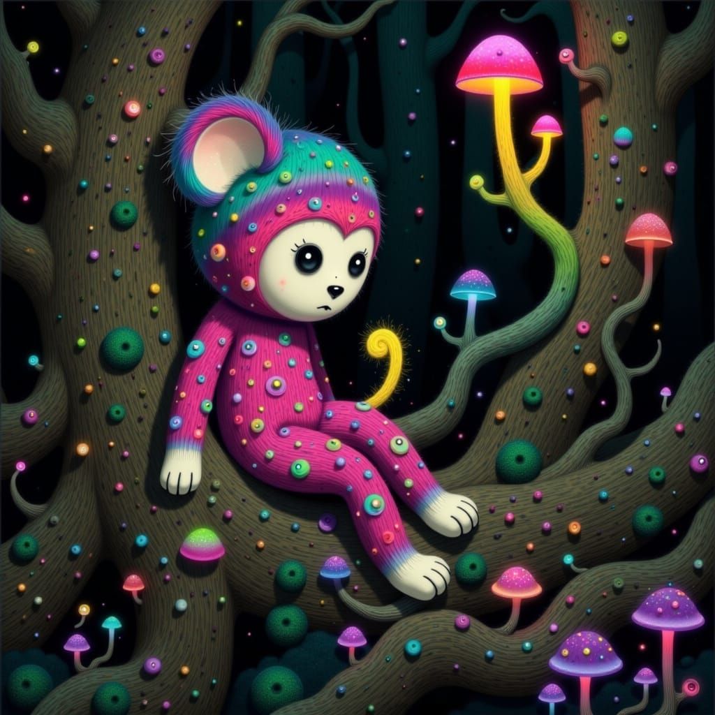 Vibrant Sock Monkey in Neon-Noir Forest