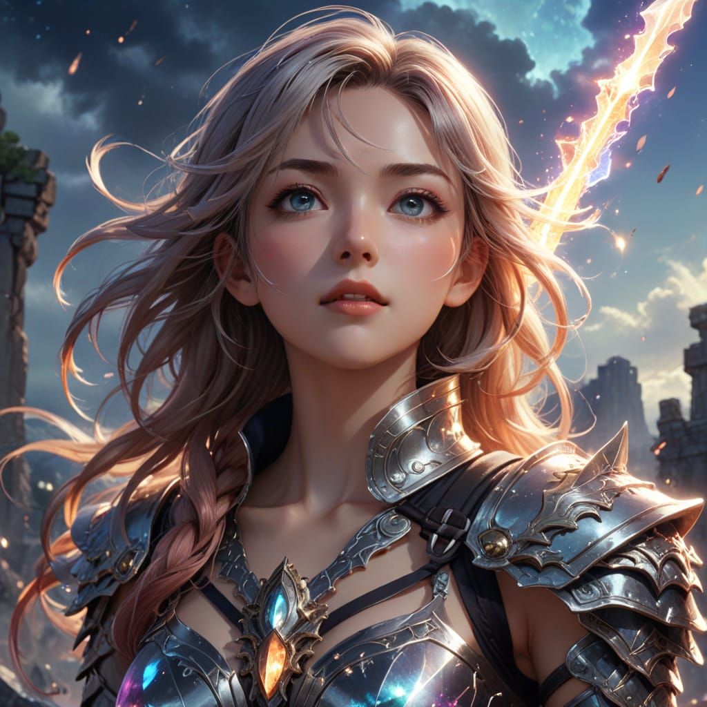 Ethereal Warrior Woman in Anime-Style Fantasy Battle Scene