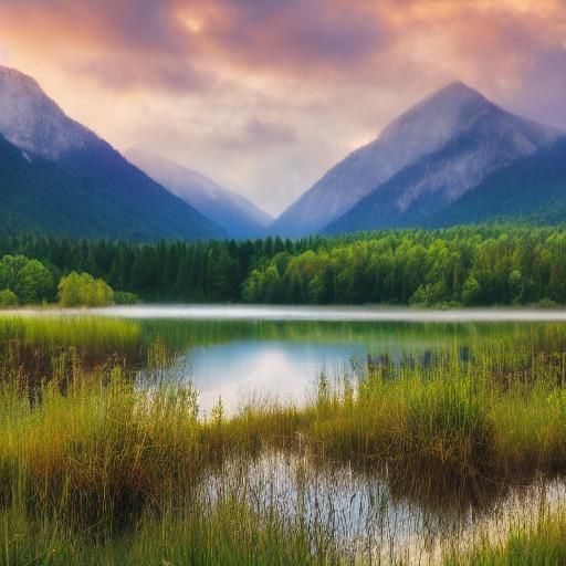 Pastel Watercolor Landscape of Misty Mountains and Lake