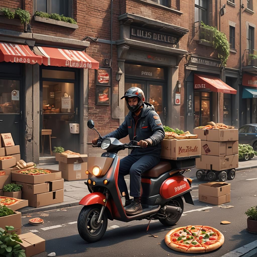 Food Delivery on Scooter with Pizza in Matte Painting