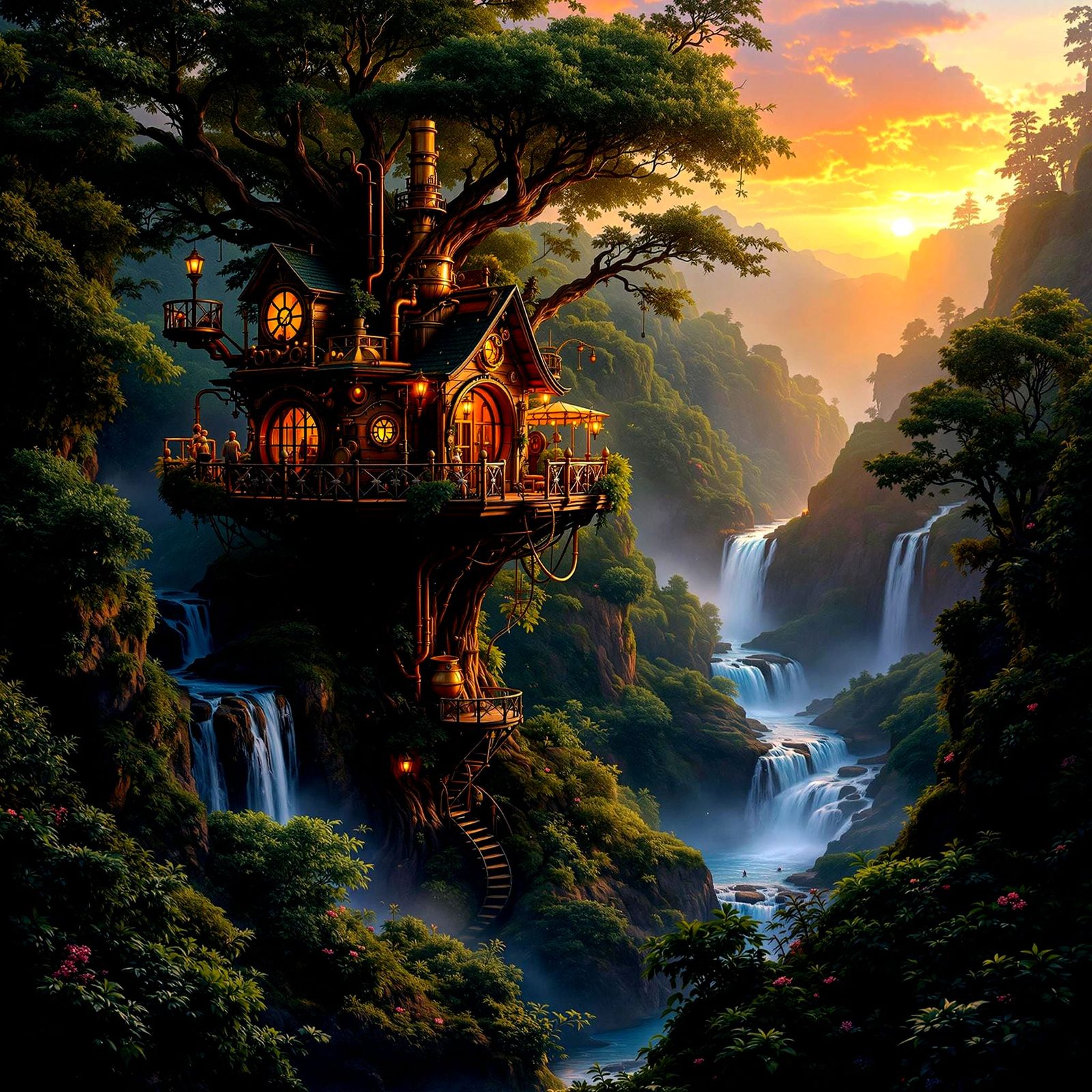Cozy Steampunk Treehouse in Lush Jungle Valley