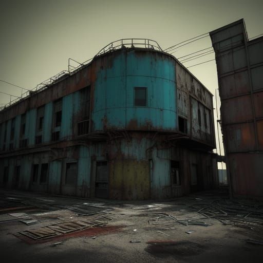Eerie Abandoned Landscape in Industrial Surrealism Style
