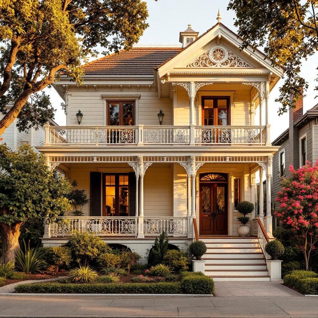 Elegant Victorian Colonial House at Sunset