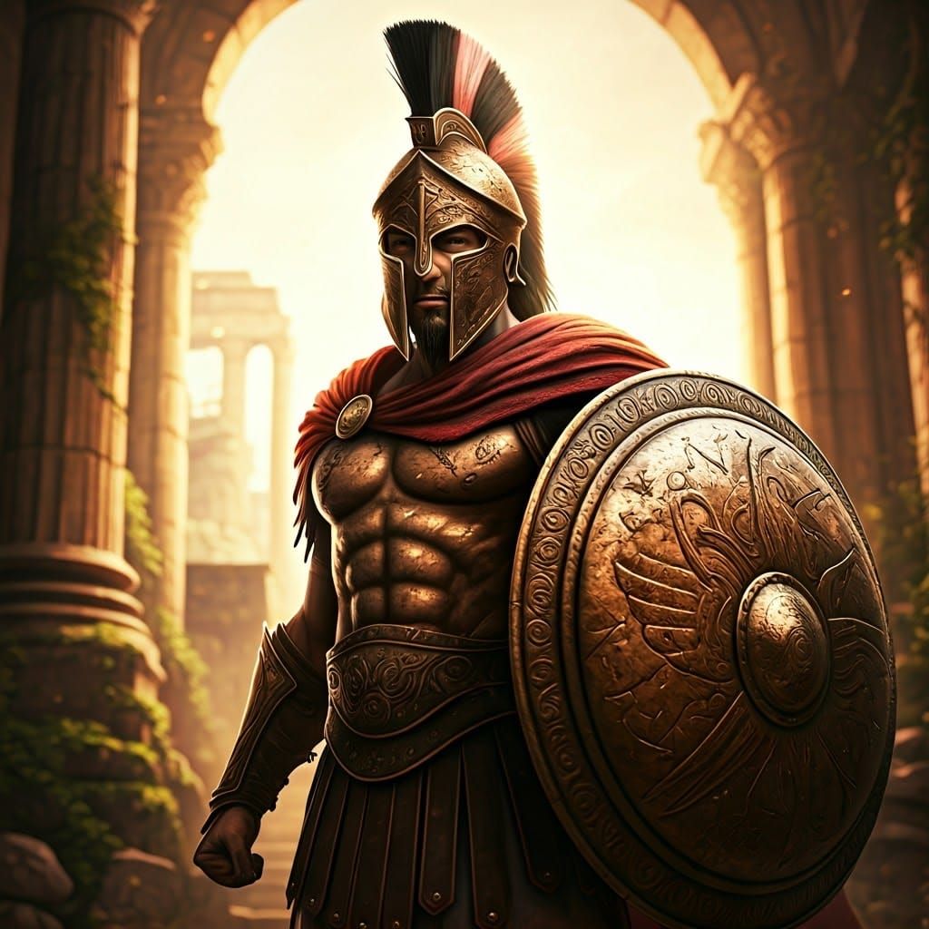 Spartan Warrior in Ancient Ruins Stands Guard in Ornate Bron...