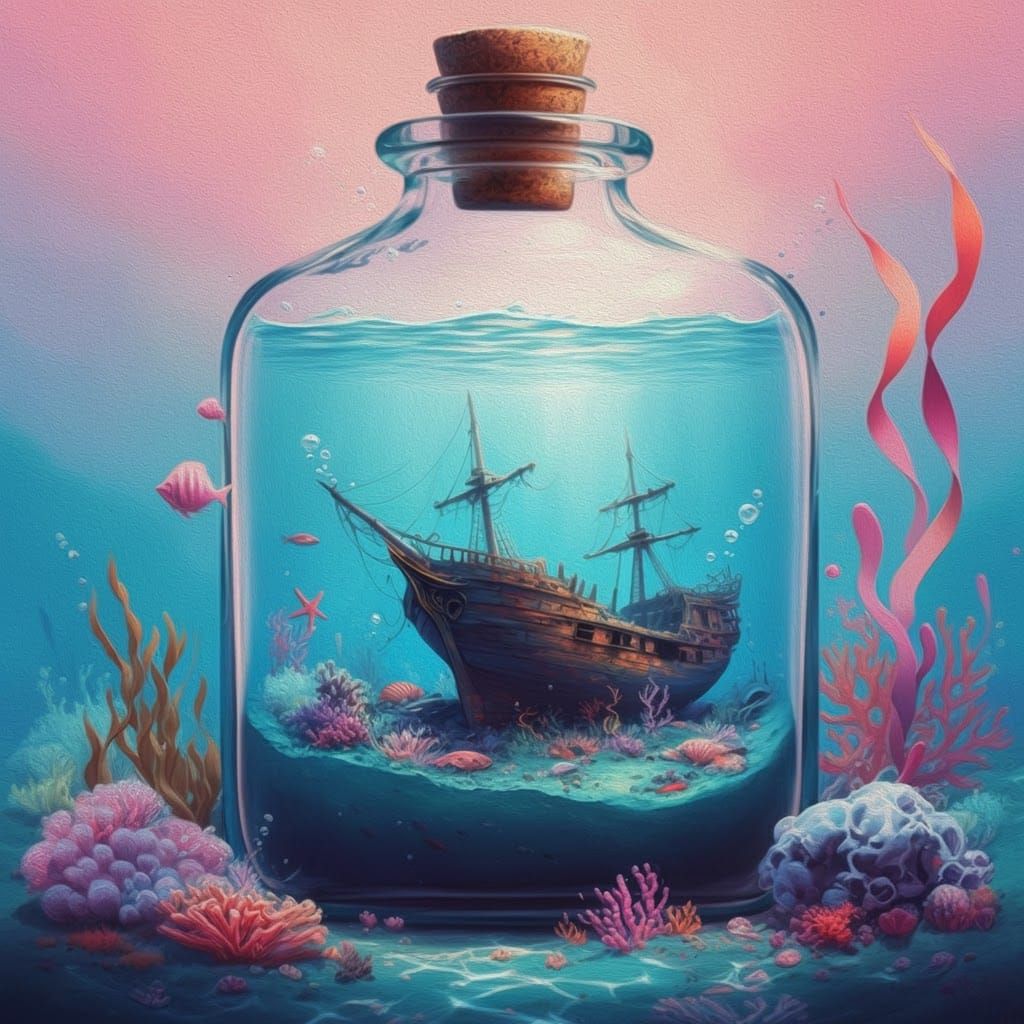 Underwater Shipwreck in a Bottle, Impasto Painting