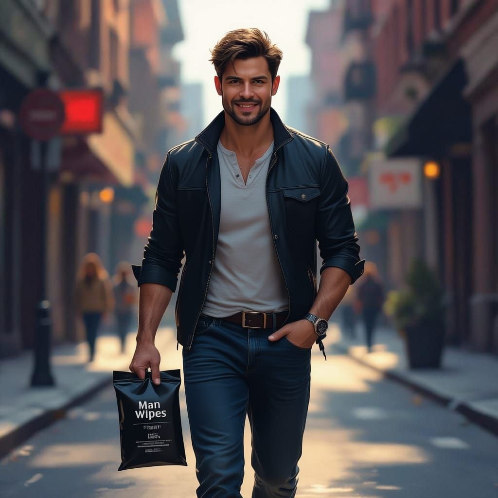 Handsome Man Holds Man Wipes Pack in Realistic Digital Paint...