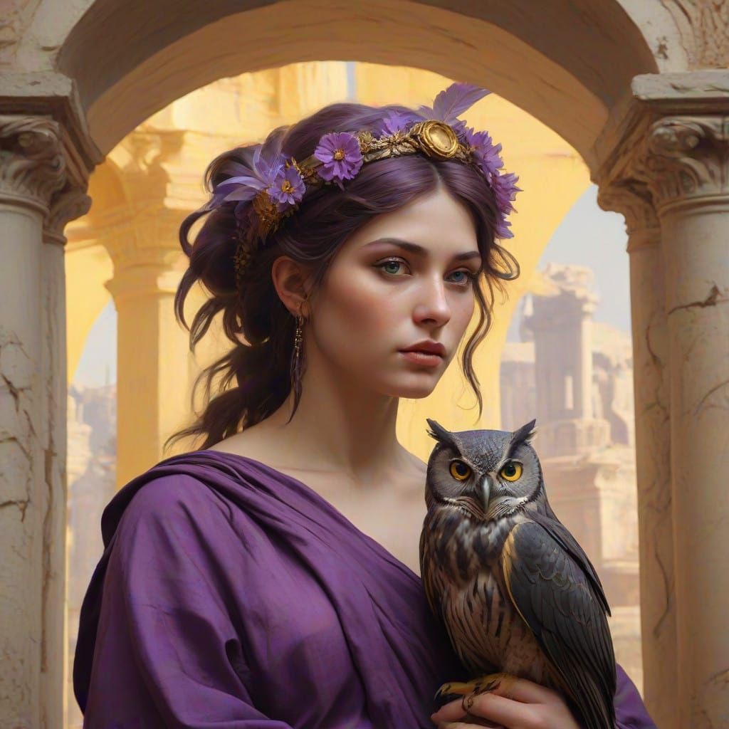 Dark Fantasy Goddess with Owl Form in Ruined Temple