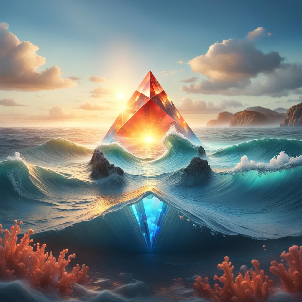 Crystal Prism Refracts Light Over Ocean Waves