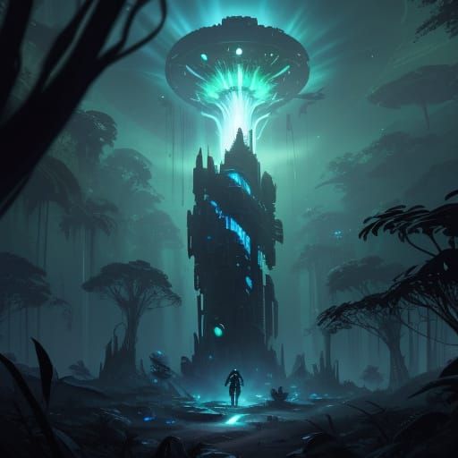 Alien in Jungle Near Spaceship Concept Art