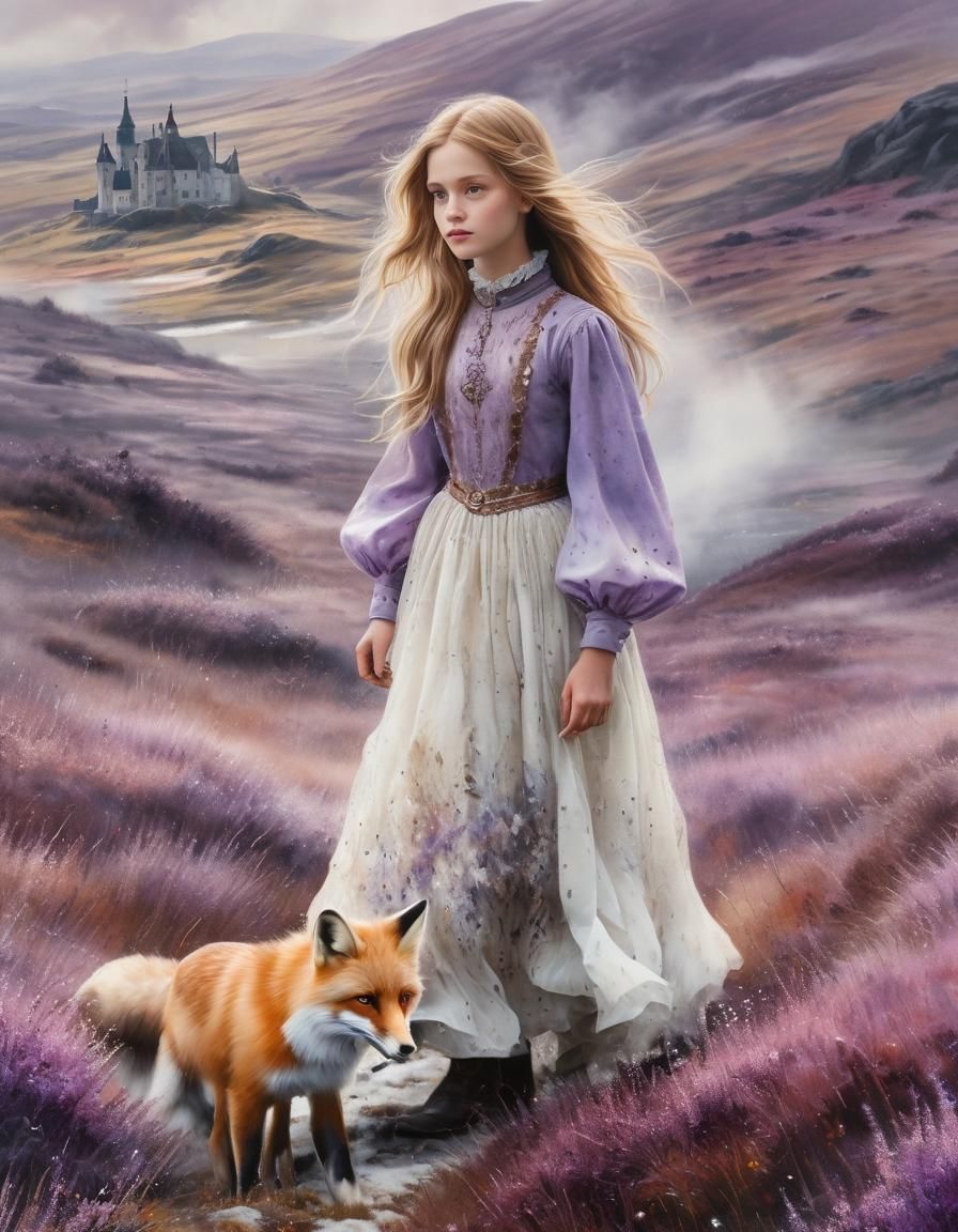 Girl and Fox on Moorland as Watercolor Painting