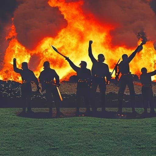 Castle Ruins and Triumphant Men Herald a New Beginning