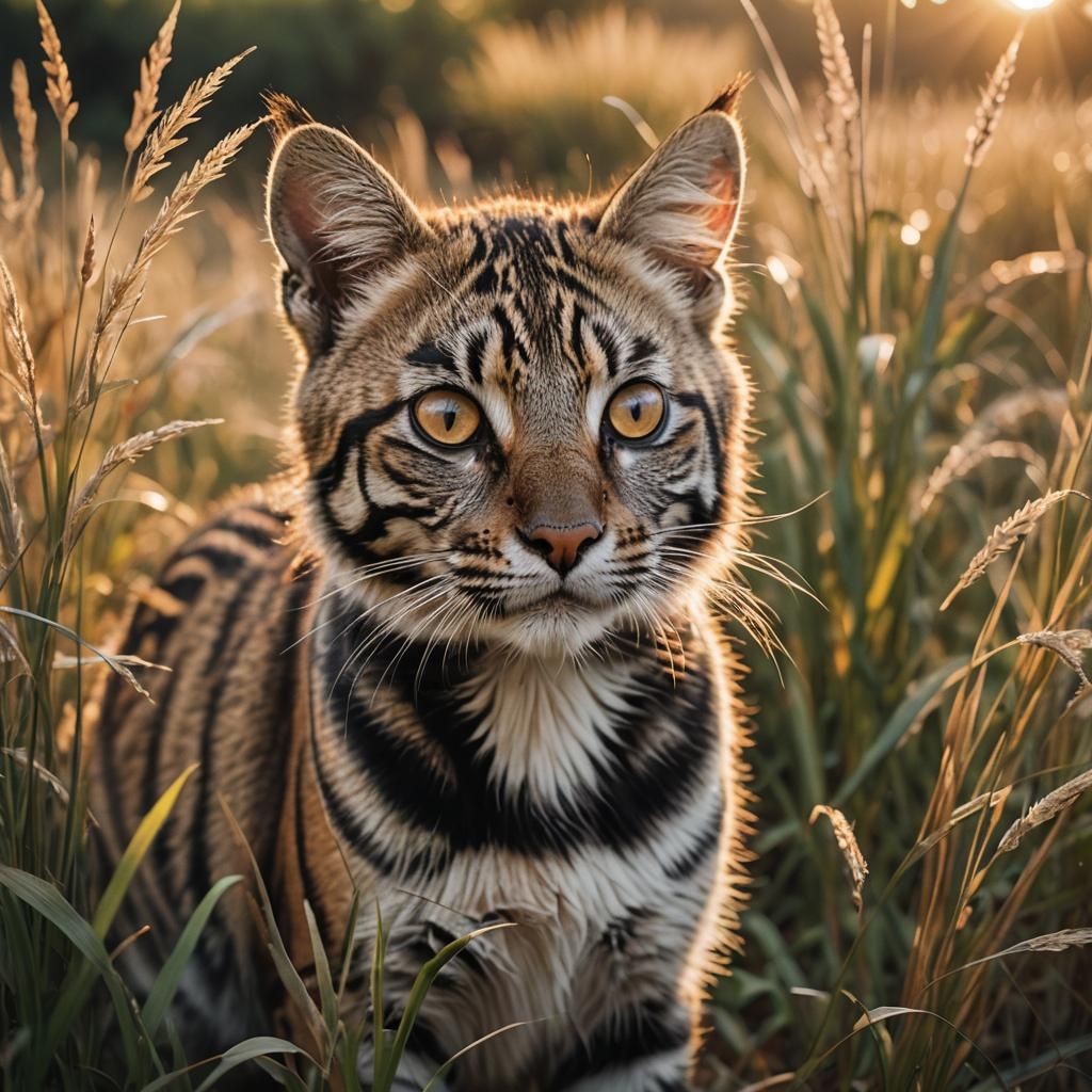 Cat, Zebra, and Mouse at Sunset in Golden Light
