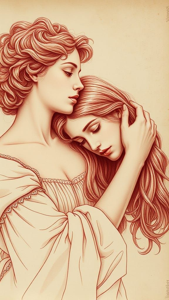 Renaissance-Style Sanguine Drawing of Affectionate Women