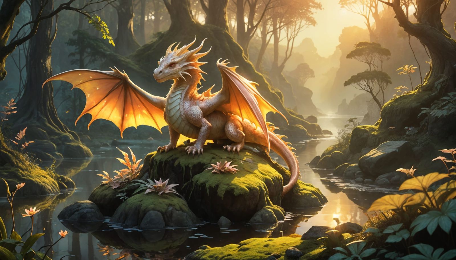 Magical Dragon Perched on Mossy Rock at Sunrise