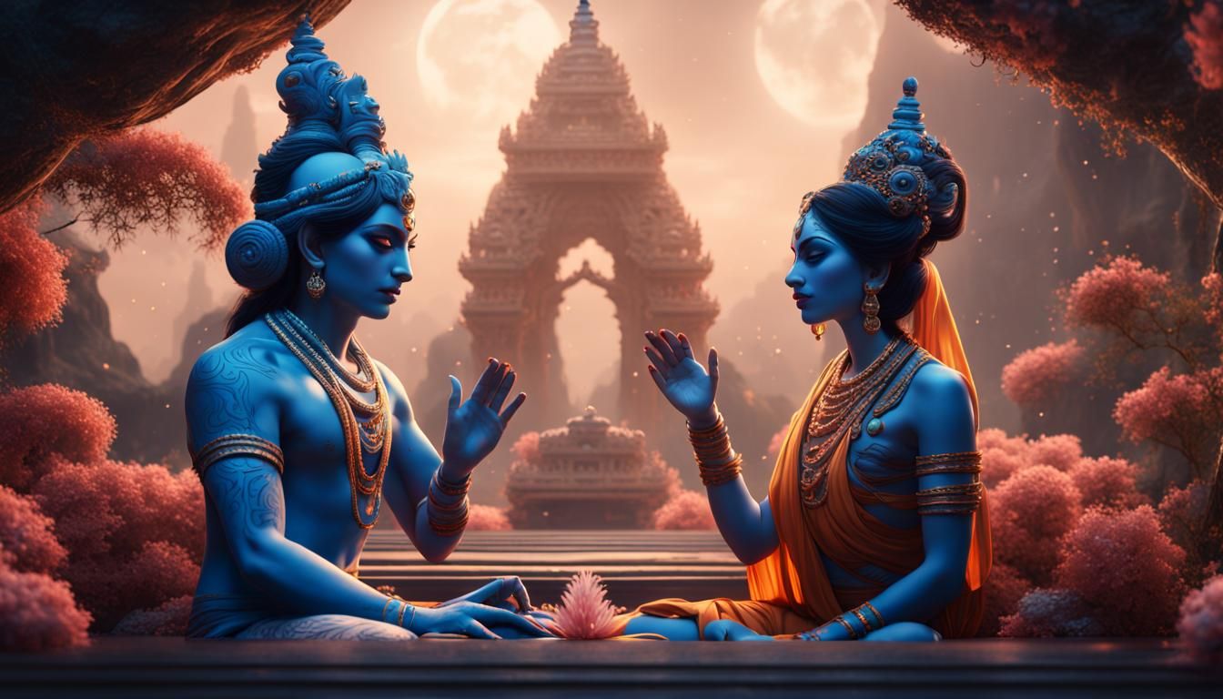 Kali and Krishna in Zen Garden: Matte Painting