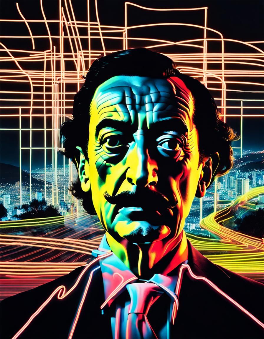 Surreal Dali Self-Portrait in Glowing Cityscape