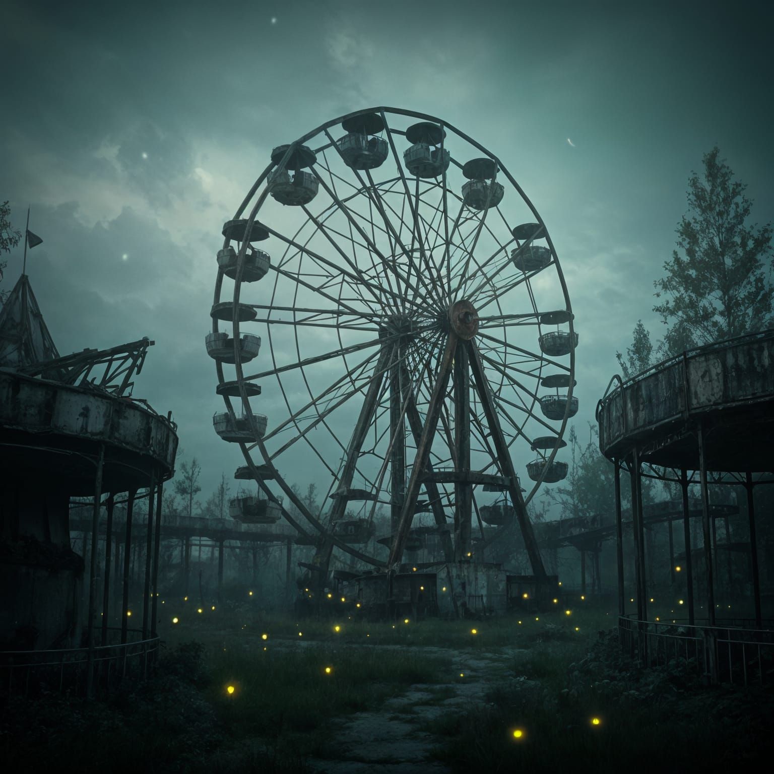 Surreal Twilight Amusement Park with Rusted Ferris Wheel