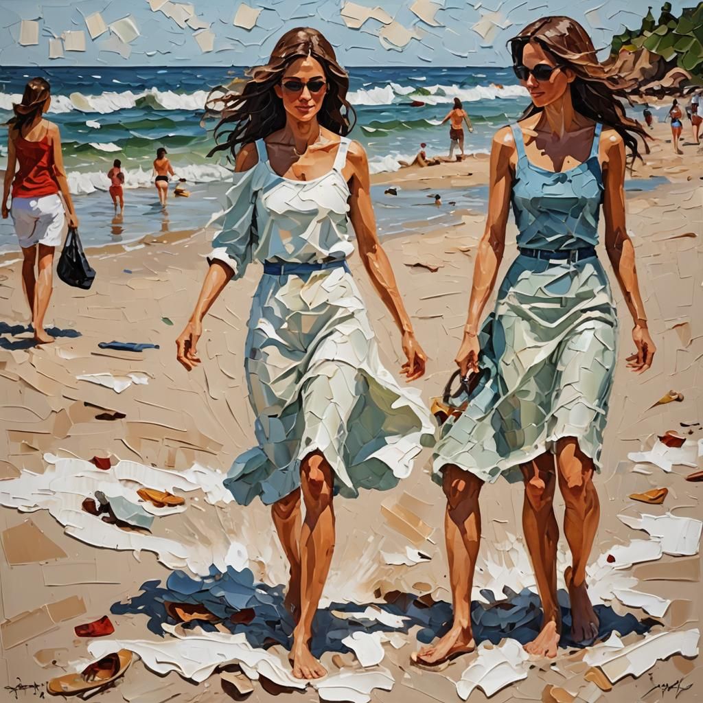 Impasto Beach Scene of Young Women