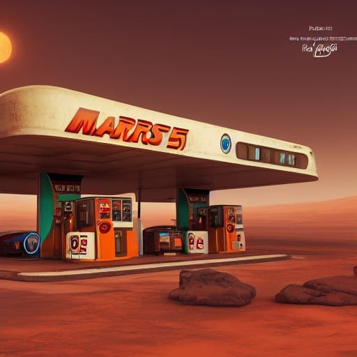 Vintage Gas Station on Mars in Detailed Matte Painting