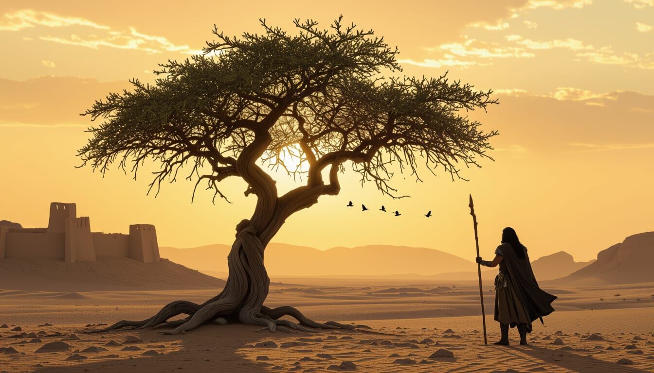 Ancient Tree and Warrior Silhouetted Against Golden Sky