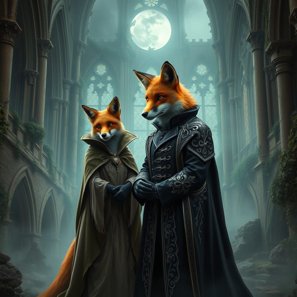 Gothic Foxes Amidst a Ruined Cathedral